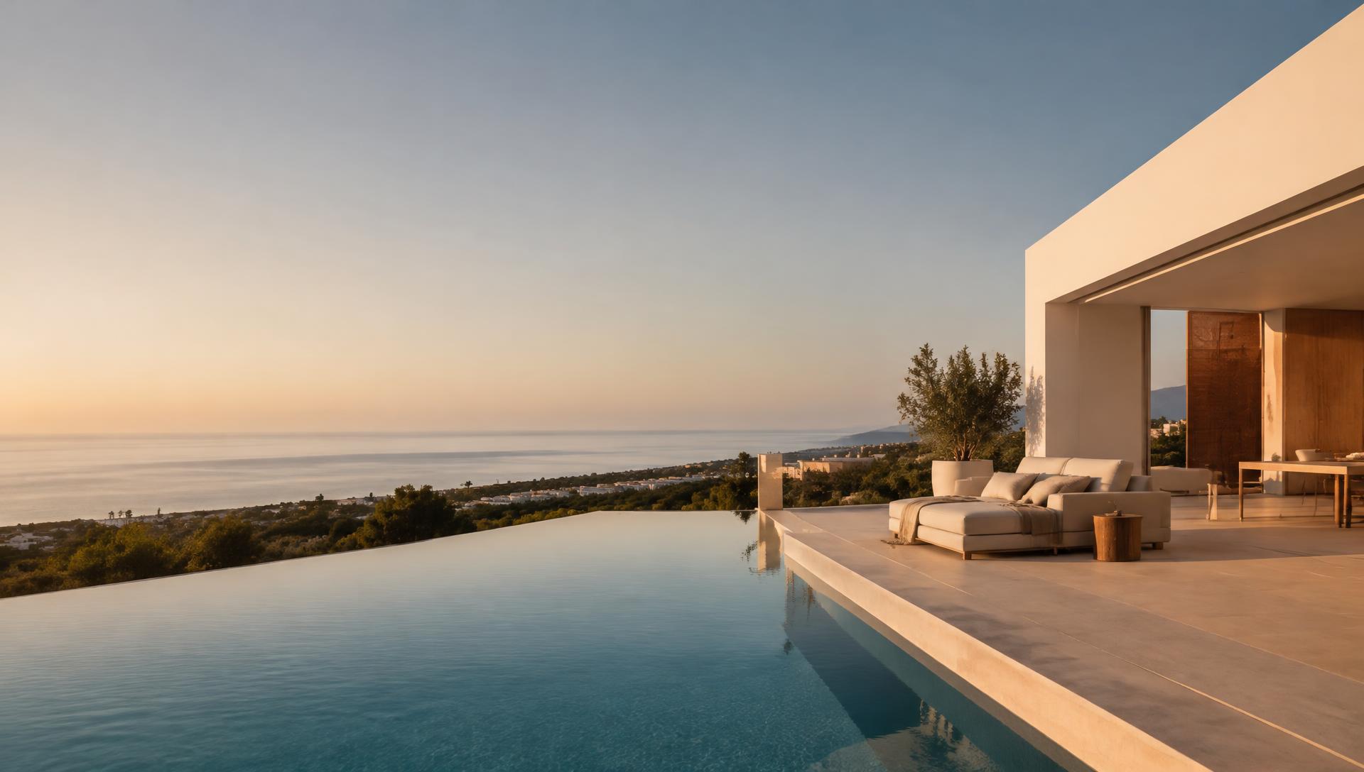 Mediterranean villa terrace with infinity pool overlooking the sea